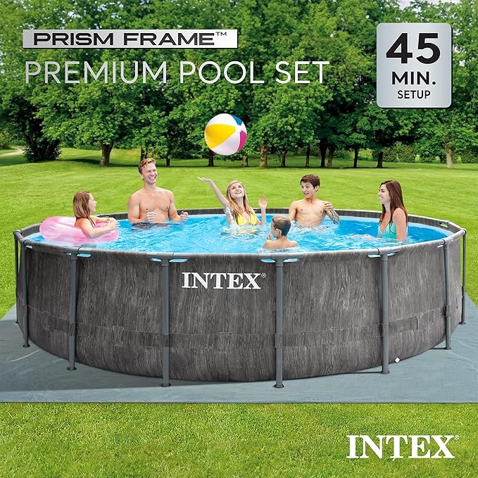 Intex Greywood Prism Frame 15' x 48" Round Above Ground Outdoor Swimming Pool Set with 1000 GPH Filter Pump, Ladder, Ground Cloth, and Pool Cover