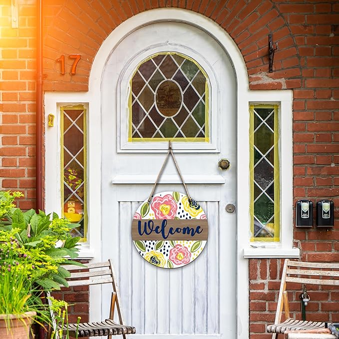 Spring Hanging Decor For Front Door, Colorful Floral Welcome Spring Round Sign Decor For Farmhouse Home Yard Porch, Hello Spring Decorations, Spring Wall Plaque Gifts For Friends Family -07