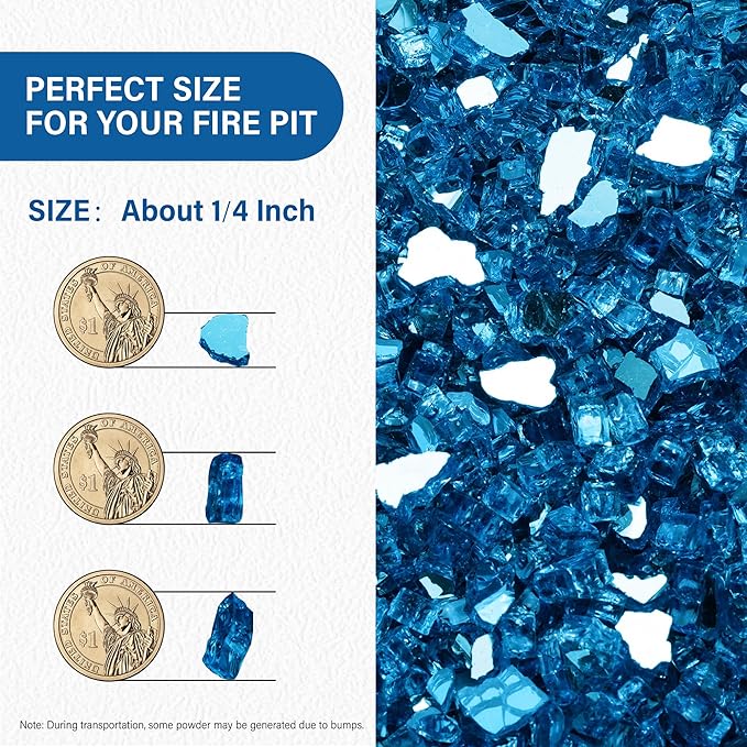 NUPICK 5 Pound Fire Glass, 1/4 Inch Reflective Fire Pit Glass, Tempered Firepit Glass Rock for Propane or Natural Gas, Glass Rocks for Fire Pit Table or Fireplace, Pacific Blue Reflective