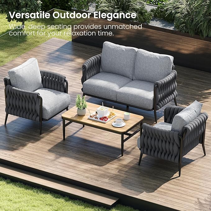 Outdoor Patio Sofa Set 5-Piece, Outdoor 4-Seat Couch Set with Coffee Table, Waterproof Thick Cushion Patio Conversation Set, All Weather Outdoor Furniture for Deck, Lawn, Balcony