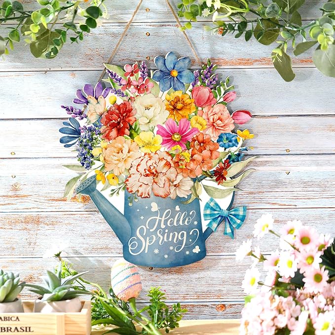 Juexica Hello Spring Door Sign, Flower Door Hanger Wreath, Wooden Hanging Decor, Rustic Welcome Sign for Front Porch, Wall, Pediments Decorations, Floral