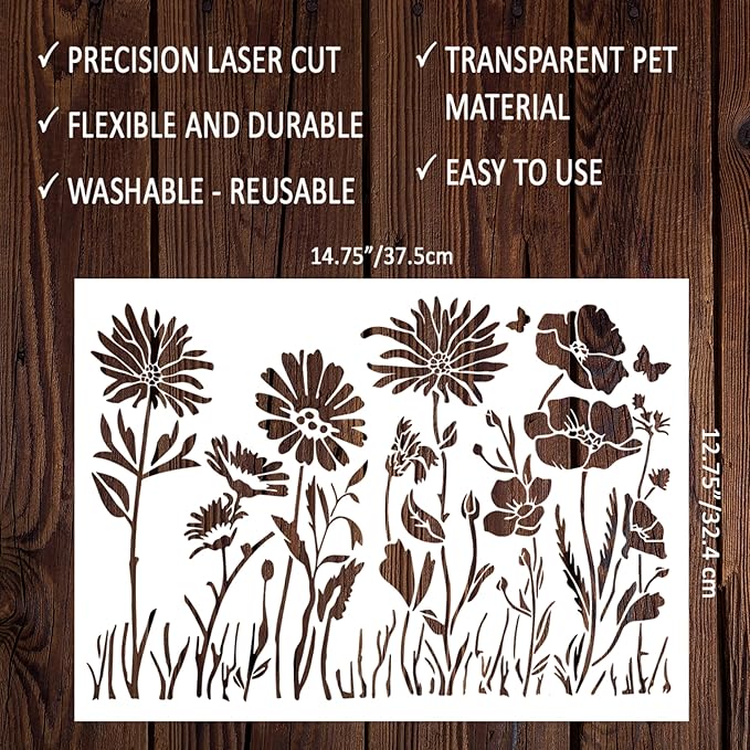 Large Wildflower Stencil for Painting (15x12 Inches) - Stencils for Crafts Reusable for Wood, Canvas, Paper & Fabric - Flower Stencils for Painting on Walls & Floors - Large Pattern Stencil