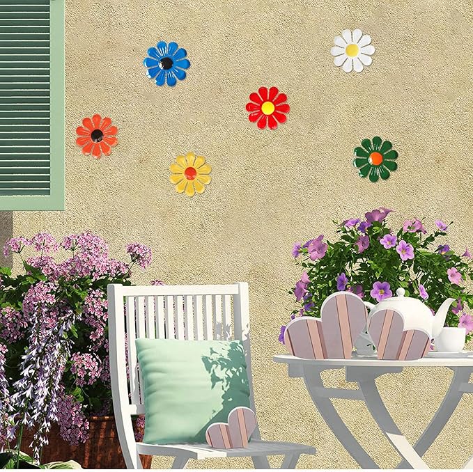 6 Pcs Metal Flowers Wall Decor Garden Decor, Metal Flower Sunflower Wall Art Hanging Decoration Daisy Ornament For Indoor Living Room Bedroom Dining Room Outdoor Backyard Porch Patio Fence