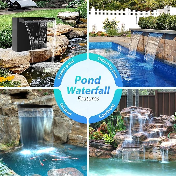 POPOSOAP Pond Waterfall Spillway Kit with LED Lights, 13.4" H x 12" W Stainless Steel Spillway with 660GPH Pond Pump, Filtration, 10FT Corrugated Tubing Waterfall for Water Garden, Backyard, Pool