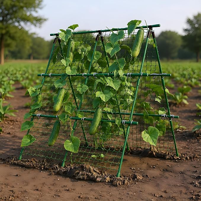 Cucumber Trellis, 4ft x 4ft Green Metal A-Frame Garden Trellis for Climbing Plants – Support for Cucumbers, Tomatoes, Peas, Beans, and Vines, Includes Netting, Fits Raised Beds