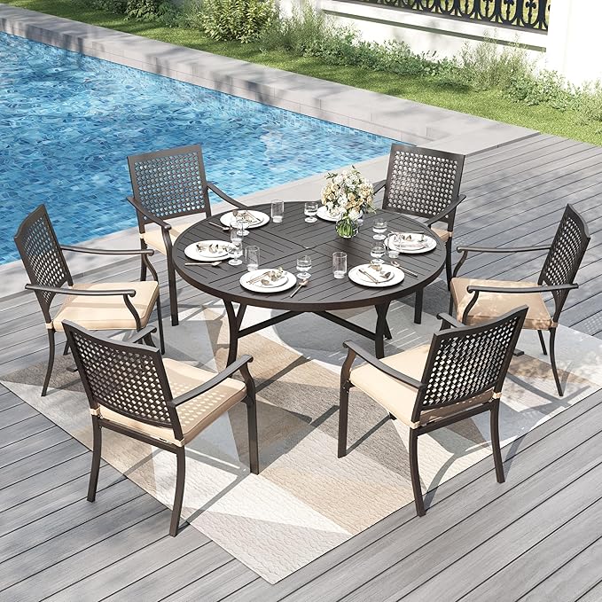 PHI VILLA 7 Pieces Outdoor Round Dining Set for 6, 54" Large Metal Steel Table with Umbrella Hole & Stackable Iron Chairs with Cushions, Modern Furniture Set for Patio, Deck, Yard, Porch