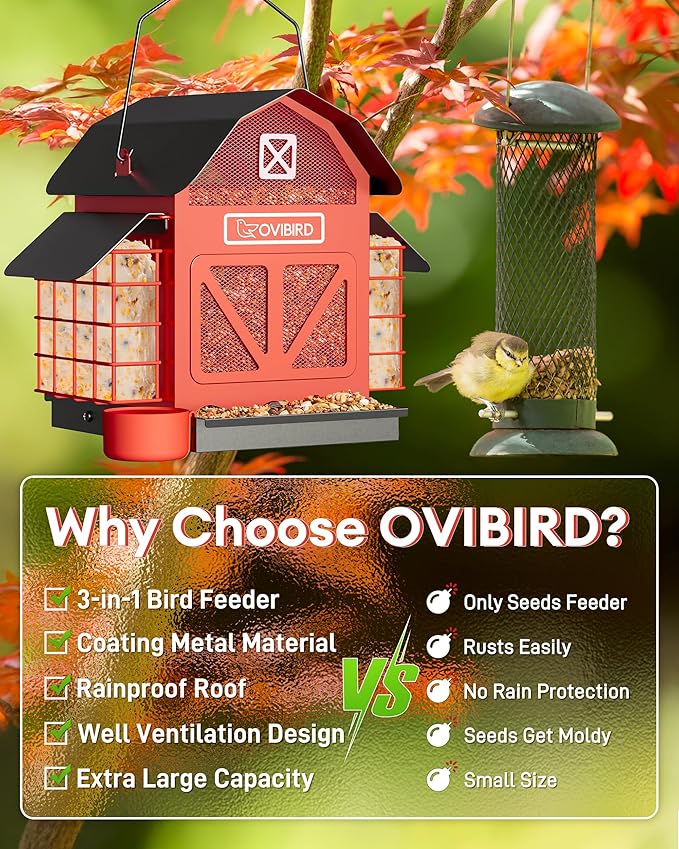 Bird Feeders for Outdoors Hanging, 5LBS Large Bird Feeder with 2 Suet Cage, Red Barn Metal Birds Feeder for Outside, Weather Resistant Cardinal Feeders, ldeal Birds Watching Gifts (Red)