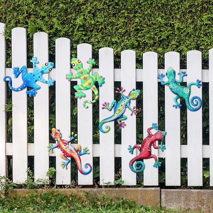Metal Gecko Wall Decor 6 PCS, 3 Styles Outdoor Wall Art Decorations, Metal Lizard Hanging Decor for Garden, Patio, Farmhouse, Home, Fence