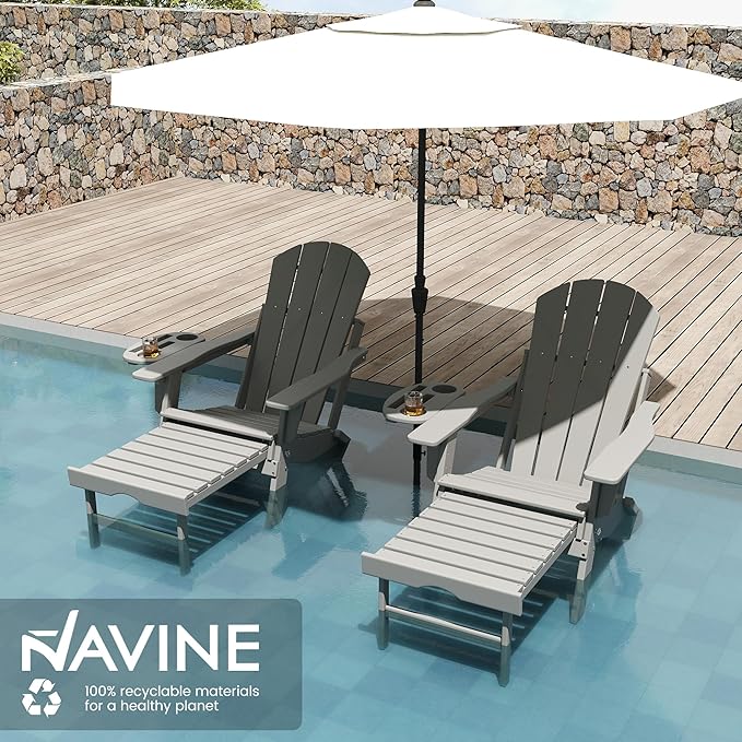 Adjustable Adirondack Chair with Retractable Ottoman Set of 4, HDPE Folding Adirondack Chair with Cup Holder, All Weather Fire Pit Chair for Outdoor.