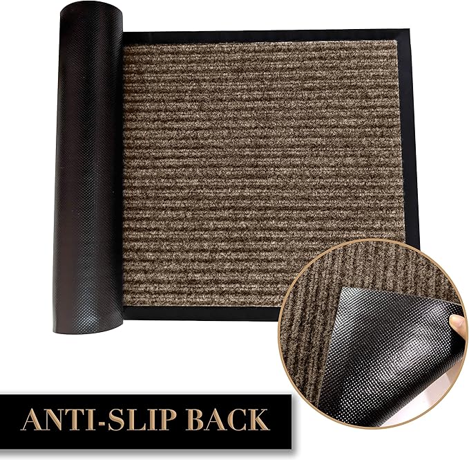LuxUrux Heavy-Duty Rubber Door Mat - Durable, Indoor/Outdoor, Easy-Clean, Waterproof, Low-Profile (23'' x 35'', Striped Brown) - Ideal for Patios, Garages, and High-Traffic Entryways