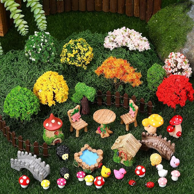 68 Pcs Fairy Garden Accessories Mini Resin Animals Figures Miniature Ducks Mushroom Ladybug Table and Chairs Bridge Pond Fence Moss Bonsai Landscape Ornaments Kit for Garden DIY Craft