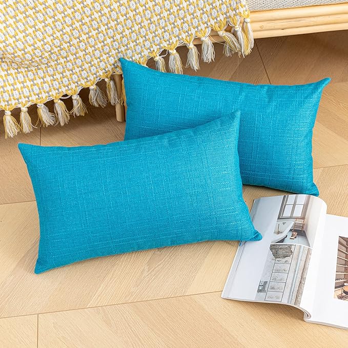 Kevin Textile Pack of 2 Outdoor Waterproof Throw Pillow Covers Decorative Square Outdoor Checkered Pillows Cushion Case Patio Pillows for Couch 12x20 inches 30x50 cm Peacock Blue