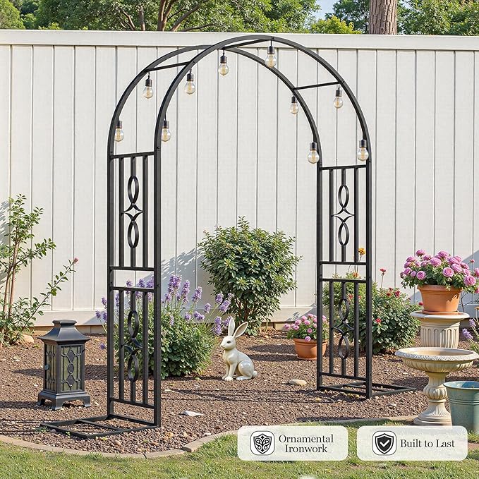Metal Garden Arch, Heavy Duty Garden Trellis for Climbing Plants, with Enlarged Base for Stability, Ideal for Wedding Arches & Party Decorations, 55" W x 87" H