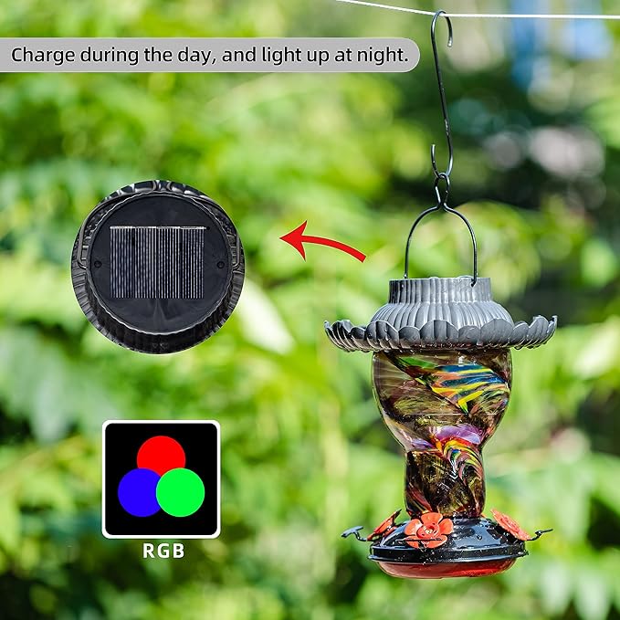 Solar Hummingbird Feeder for Outdoors Hanging Ant and Bee Proof, 25oz Color Changing Light Hand Blown Glass, Leakproof Garden Decor, Gitfs for Bird Lover (Purple)