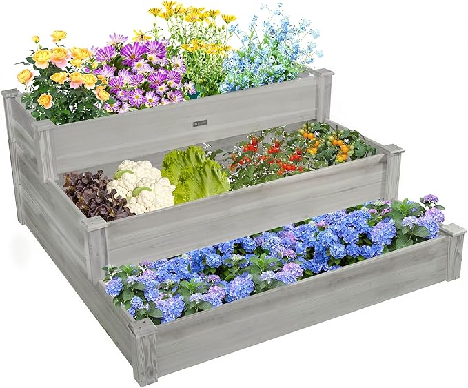 3-Tier Raised Garden Bed with Fabric Liner, Wood Elevated Planter Box with Dovetail Joint Design, 3 Dividable Bed Kit for Vegetables/Herbs/Flowers, Outdoor Gardening for Patio, Lawn, Balcony