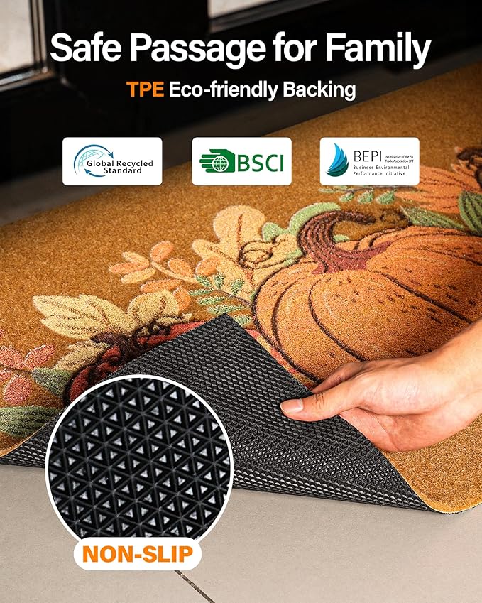 Door Mat Outside Entrance 30''x17'': Door Mat Ultra-Thin/Non-Slip/Waterproof/Washable Pumpkin Design for Outdoor - Faux Coir Welcome Matt for Front Entrance Fall/Halloween Decor