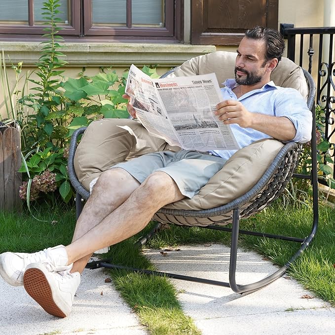 Oversized Rocking Chair Outdoor Set of 2, Rocking Papasan Chair, Patio Egg Chair with Padded Cushion, Outdoor Wicker Rocking Chair for Front Porch, Garden, Patio (Beige)