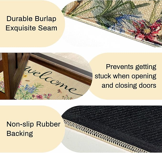 Spring Floral Decor Welcome Door Mat 2 Piece, Hello Summer Flower Home Decoration Non-Slip Indoor Outdoor Front Doormats Rug 17"x47"+17"x30"