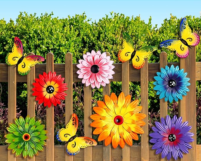 Gisafai 10 Pack Metal Flowers Wall Art Decor Outdoor, 3D 6 Pcs Daisy Flowers 4 Pcs Butterfly Metal Wall Art Fence Hanging for Fence, Patio, Garden, Backyard, Lawn, Balcony(Fashion)