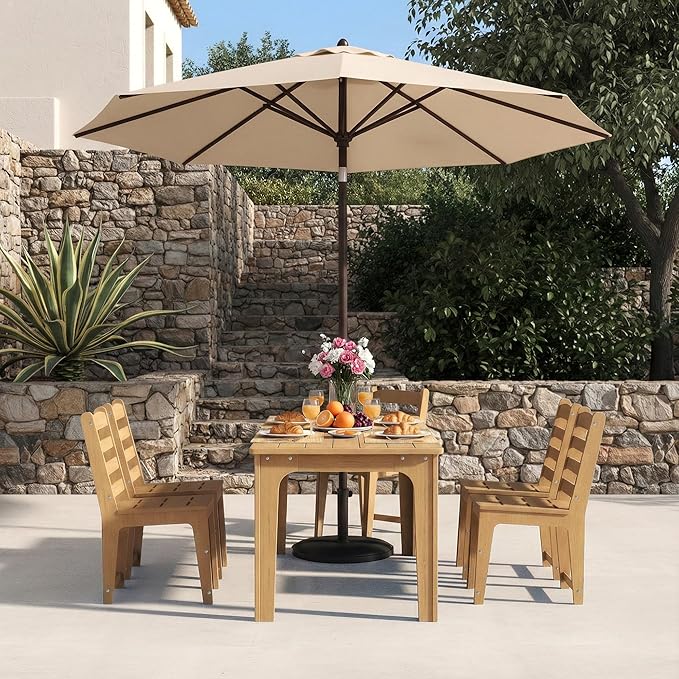 7-Piece HDPE Patio Dining Set, Weather-Resistant Outdoor Table with 2/1.5-Inch Umbrella Hole, Never Sagging One-Piece Tabletop with Metal Support Bars for Poolside Backyard Garden (Teak Color)