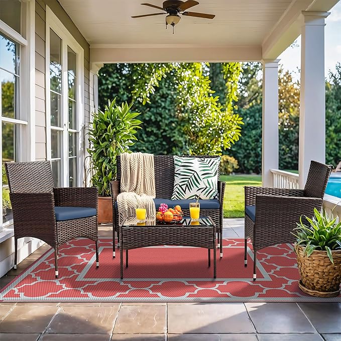 GENIMO 9' x 12' Outdoor Rug Waterproof for Patio Decor, Foldable Reversible Plastic Straw Area Rugs Mat for Camper, Outside Carpet for Rv, Deck, Porch, Picnic, Beach, Balcony, Red & Grey