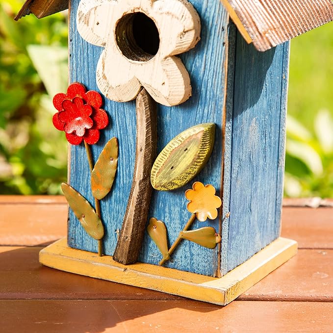 Glitzhome Hanging Bird House for Outdoor, 10.2" H Patio Garden Decorative Birdhouse Pet Cottage Distressed Wooden Bird House for Swallow Sparrow Finch Cardinals, Flower Rustic Blue