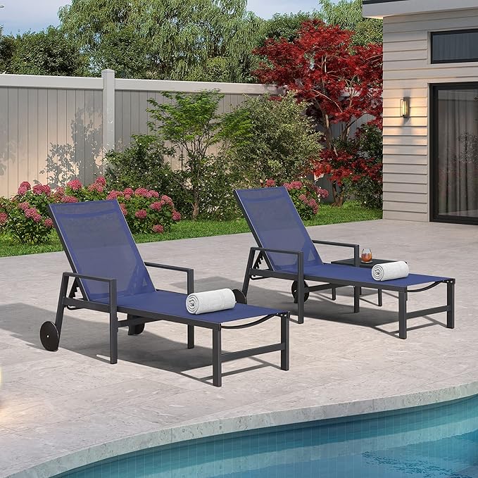 PURPLE LEAF Patio Chaise Lounge 4 Pieces Aluminum Recliner Chair with Wheels and Armrests Lounger for Pool Lawn Navy Blue Outdoor Lounge Chair