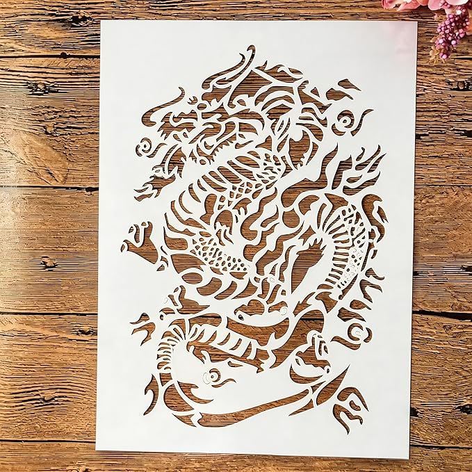 TIAMECH A4 Reusable Mythology Dragon Stencil for Painting - Zodiac Dino Layering Template, DIY Wall Art, Wood Furniture, Scrapbook & Crafts (8.3x11.7inch)