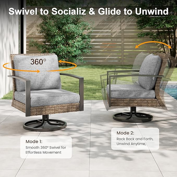Green4ever 3-Pieces Patio Swivel Rocking Chairs Rocking with Sidetable, Metal Outdoor Rocking Chair, All Weather Rattan Patio Chairs for Porch, Bistro, Balcony, Grey