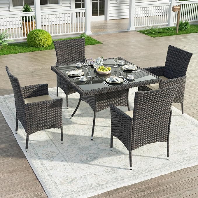 Kullavik 5-Piece Outdoor Dining Set Patio Rattan Furniture Set,Patio Dining Table and Chairs Set with 4 Chairs and Cushions,Square Glass Tabletop with Umbrella Hole for Patio,Sand