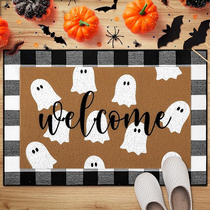 Tinideya 2 Pcs Halloween Door Mat White Ghost Welcome Non Slip Coir Mats Black White Buffalo Plaid Floor Layering Doormats Seasonal for Front Porch Entryway Decor(Plaid Ghost)