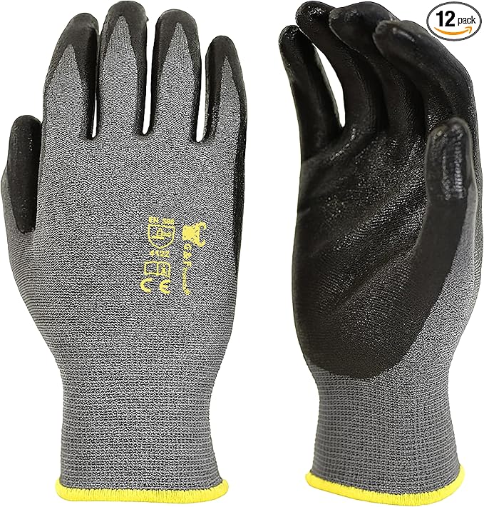 12 PAIRS Mens Working Gloves with Micro Foam Coating - Garden Gloves Texture Grip - men’s Work Glove For general purpose, construction, yardwork, X-Large,Grey/Black