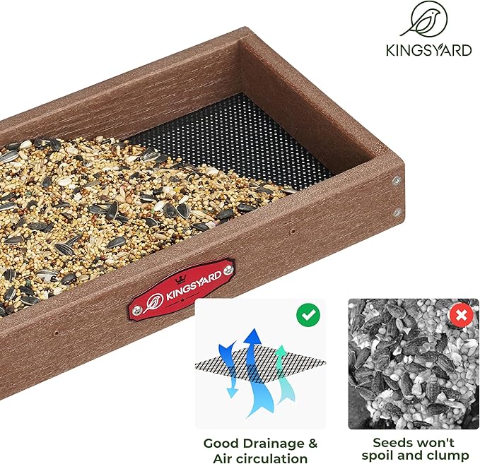 Kingsyard Large Platform Bird Feeder with Metal Mesh Tray, Pole Mount Adjustable Bird Feeders with Weather Protective Top, 4 lbs Seed Capacity, Brown