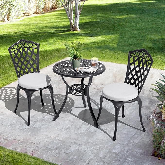 NUU GARDEN Patio Bistro Set 3 Piece, Outdoor Cast Aluminum Bistro Table and Chair Set of 2, Outdoor Patio Bistro Set with Gray Cushions and Umbrella Hole for Balcony, Garden, Lawn, Black