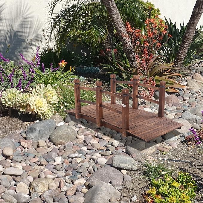 5 ft Garden Bridge, Stained Wooden Arch Walkway with Safety Railings. Perfect for Ponds, Creek Beds and Wedding Decor. Rustic Landscaping Accent Piece