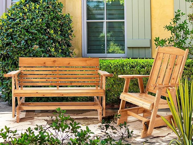 HOMREST Wooden Patio Glider Bench Chair Set with Cup Holders Outdoor Loveseat Glider with Ergonomic Deep Contoured Seat and High Roll Back, Heavy Duty 800LBS for Garden Porch Balcony, Brown