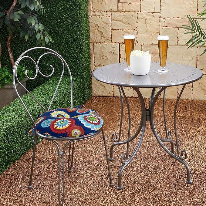 Magpie Fabrics Outdoor Round Bistro Seat Cushions with Ties, 15"x15"x4" Set of 2, Tufted Waterproof Barstool Chair Pads for Patio Home Garden Office, Floral Navy