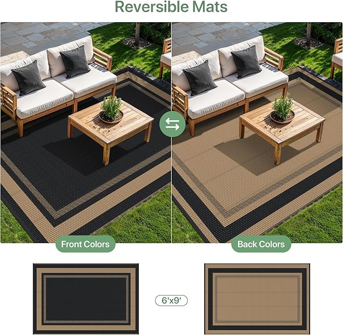 GENIMO 6' x 9' Outdoor Rug Waterproof for Patio Decor, Reversible Plastic Straw Area Rugs Mat for Camper, Outside Carpet for Rv, Deck, Porch, Picnic, Balcony, Mix-Black & Brown