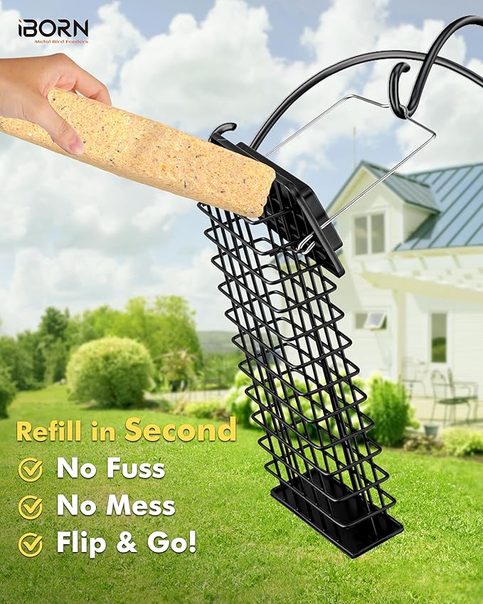 iBorn Metal Double Suet Feeder,Durable Suet Cake Cage Bird Feeder for Outdoors Hanging，Metal Roof Bird Feeder with Taller Grid for Woodpeckers,Large Suet Holder,Easy Clean & Refill,1 Pack,Black