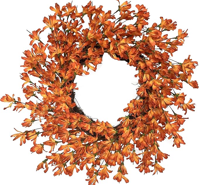 Orange Forsythia Door Wreath 24 Inch Spring Front Door Wreath Blossom Cluster Flower Farmhouse Wreath on Grapevine for Thanksgiving Festival Celebration Front Door Wall Window Decoration Home Decor