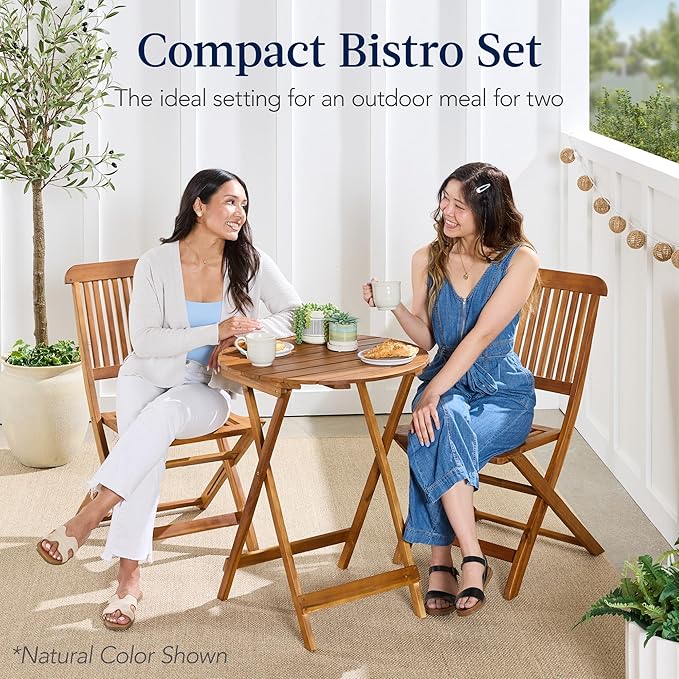 Best Choice Products 3-Piece Acacia Wood Bistro Set, Folding Patio Furniture for Backyard, Balcony, Deck w/ 2 Chairs, Round Coffee Table, Teak Finish - Brown