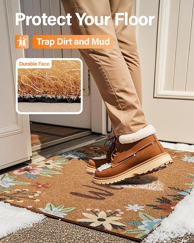 Door Mat Welcome Outdoor Mat: Artificial Coir Doormat for Outdoor Outside Indoor Entrance - Front Door Mats Non-Slip Backing Washable Fall Mat for Home Porch Entry (Floral Welcome Matt, 17"x 30")