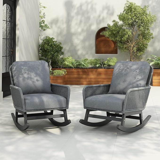 Christopher Knight Home Nadine Patio Rocking Chairs Set of 2, Wicker Rocker, Wood Rocking Chair, PE Rattan Wicker Chair, Rocking Chair with Cushions, Comfort Wicker Rocker for Backyard Balcony, Gray