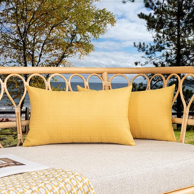 Kevin Textile Outdoor Waterproof Lumbar Pillow Covers 12x24 Inch Pack of 2 Checkered Decorative Rectangle Cushion Throw Pillowcases Shell for Patio Tent Garden Couch Bed Sofa Yellow