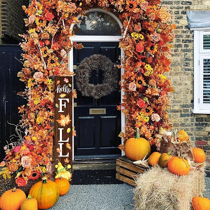 Hello Fall Welcome Sign for Front Porch Standing, Wooden Porch Sign with Leaves for Front Door Decorations, Rustic Farmhouse Hanging Wall Sign for Harvest Thanksgiving Decor 47.2"H