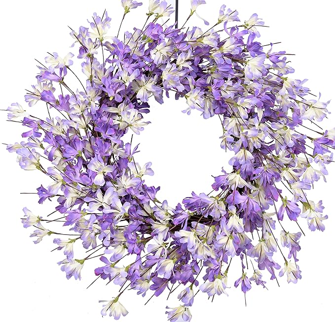 Spring Wreath for Front Door, 24 Inch Purple Forsythia Wreath for Door, Spring Wreath Blossom Cluster Flower Farmhouse on Grapevine for Festival Celebration