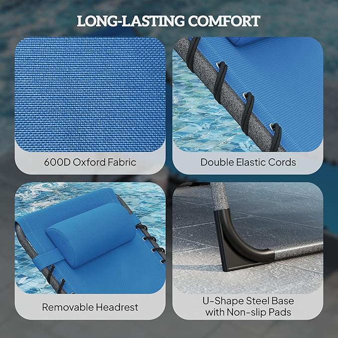 Outsunny Folding Chaise Lounge Chair Outdoor Tanning Chair with Side Table, 5-Level Adjustable Beach Lounge Chair with Headrest, Side Pocket for Patio, Backyard, Beach, Poolside, Blue
