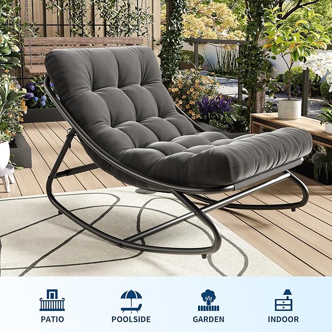PeakPursuit Indoor Outdoor Papasan Rocking Chair with Cushion, Oversized Outdoor Rocking Chair, All Weather Rocking Papasan Chair for Bedroom/Living Room/Porch/Garden/Patio