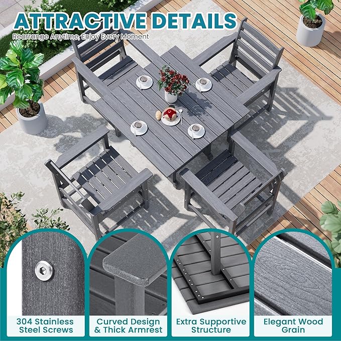 Outdoor HDPE Dining Table Set, 5-Piece All-Weather HDPE Outdoor Table and Chairs with Elegant Armrest, Wood Grain Patio Furniture Sets with Umbrella Hole for Porch, Backyard, Gray