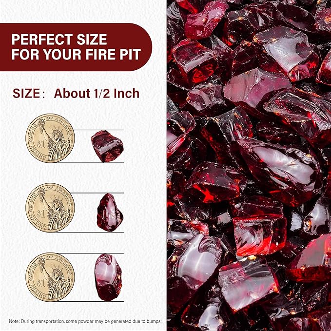 NUPICK 5 Pound Fire Glass, 1/2 Inch Shiny Fire Pit Glass, Tempered Firepit Glass Rock for Propane or Natural Gas, Glass Rocks for Fire Pit Table, Fireplace Glass for Landscaping, Red